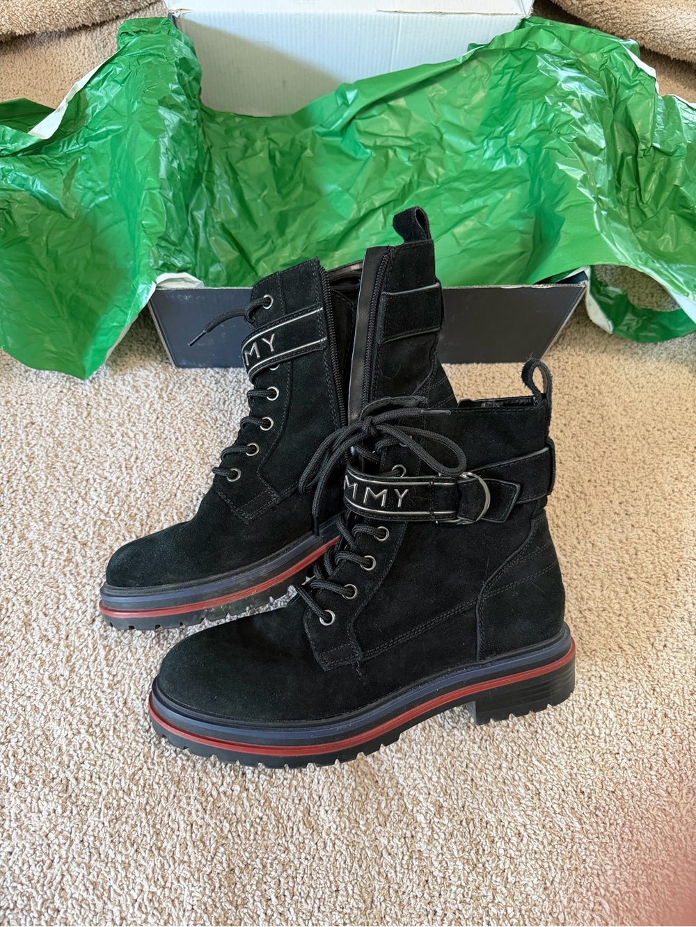 Tommy Hilfiger Black Suede Lace-Up Combat Boots with Red Accent